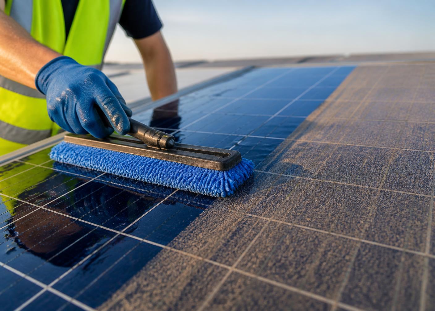 Detalhe de limpeza de um painel solar com escova técnica e água desmineralizada