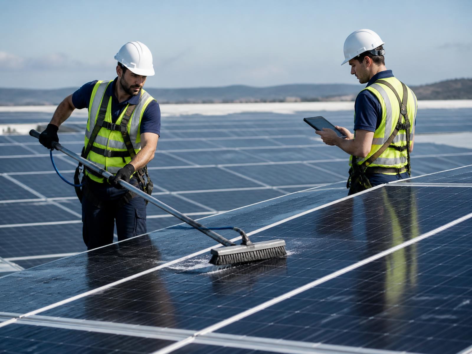 Técnico da EfficientClean em intervenção sobre módulos fotovoltaicos